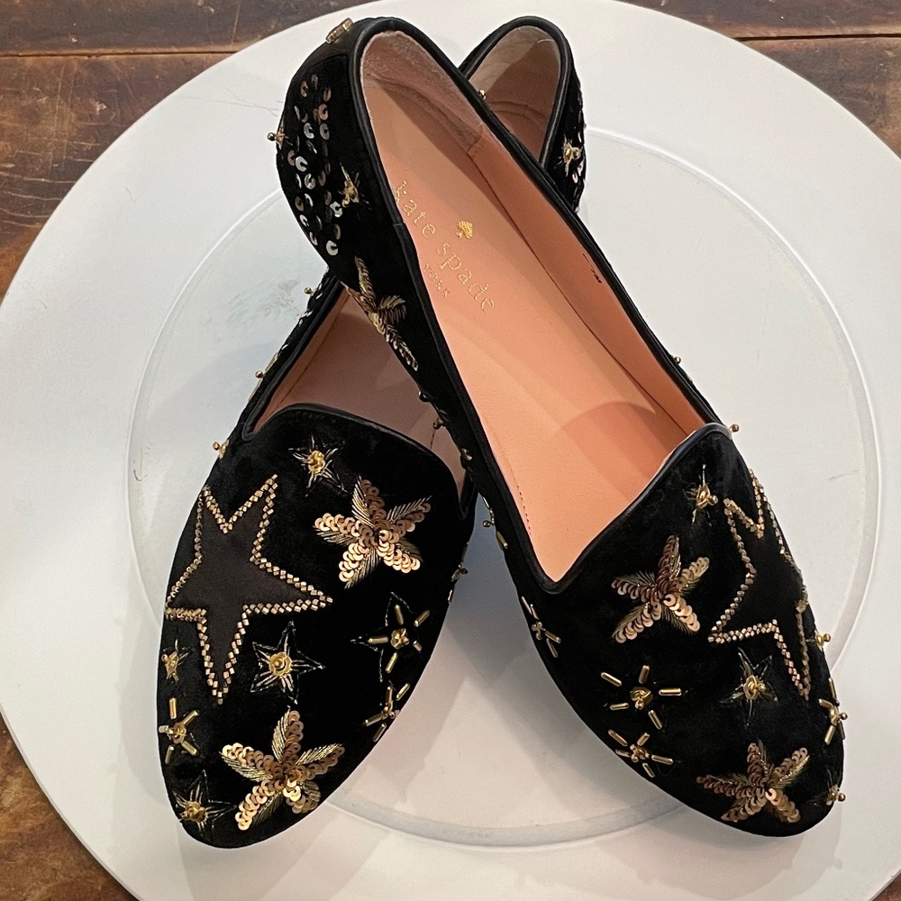 New Kate Spade Black Velvet Stellar Star Almond-toe Flats Size 7M  NWOT